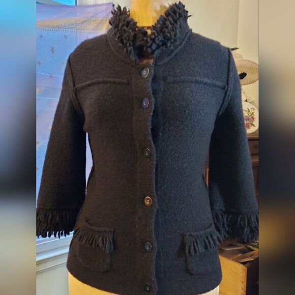 𝅺MARCCAIN Felted Wool Fringe Jacket Black Felted Jacket Size N 2 - Picture 2 of 13